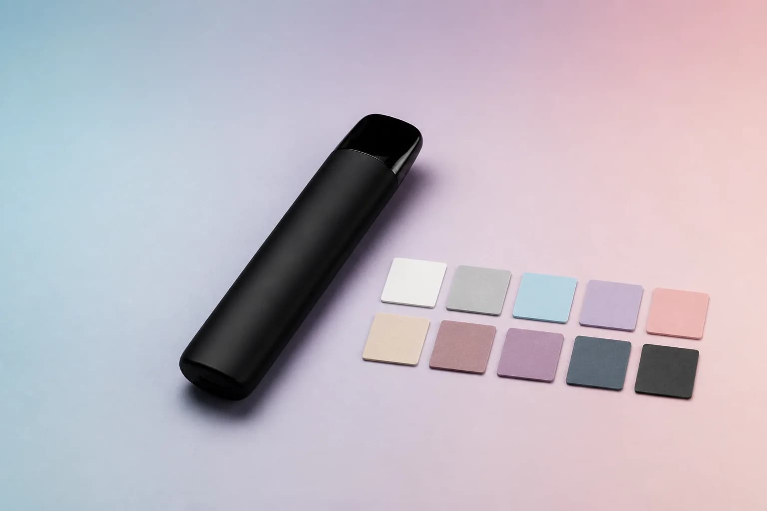 Neutrale Darstellung einer Vape und zehn Farbfeldern für den LOOM DNT-9 Sortenvergleich